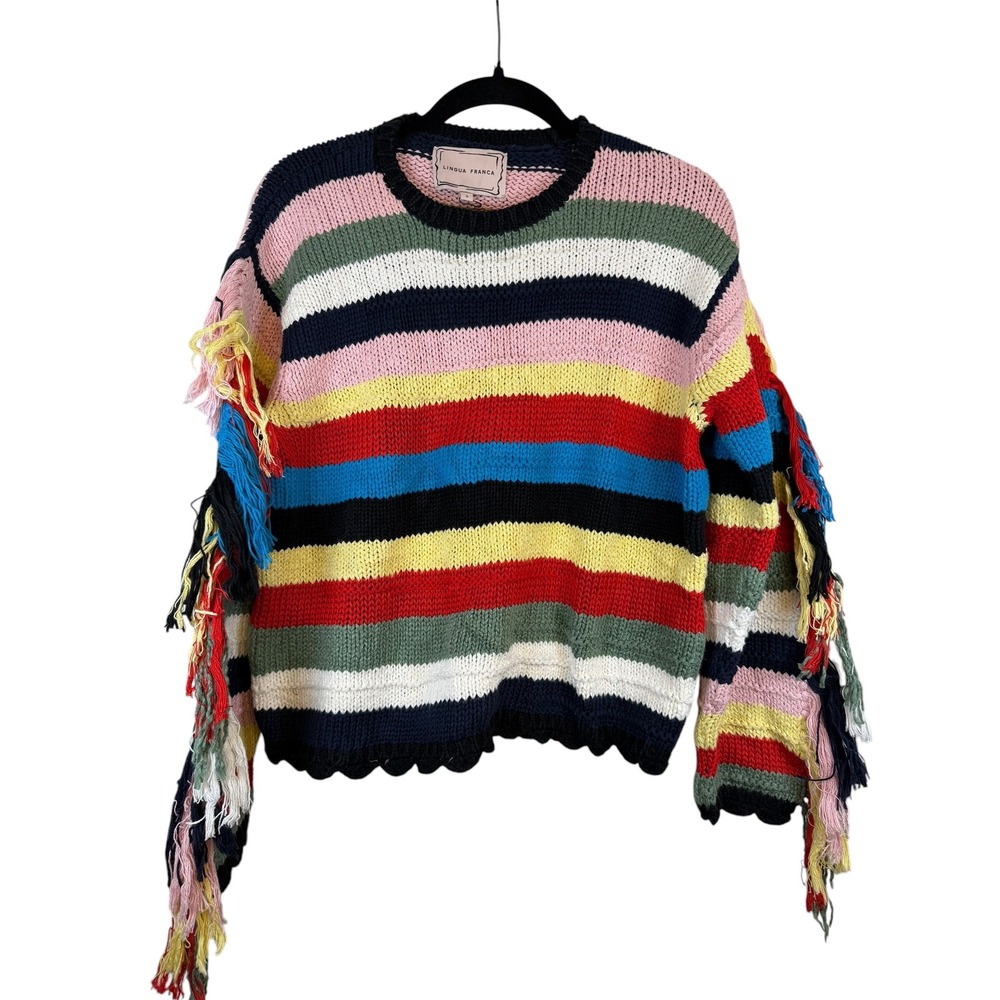 Lingua Franca Rainbow Striped Fringe Sleeve Scallop Hem Knit Sweater Small